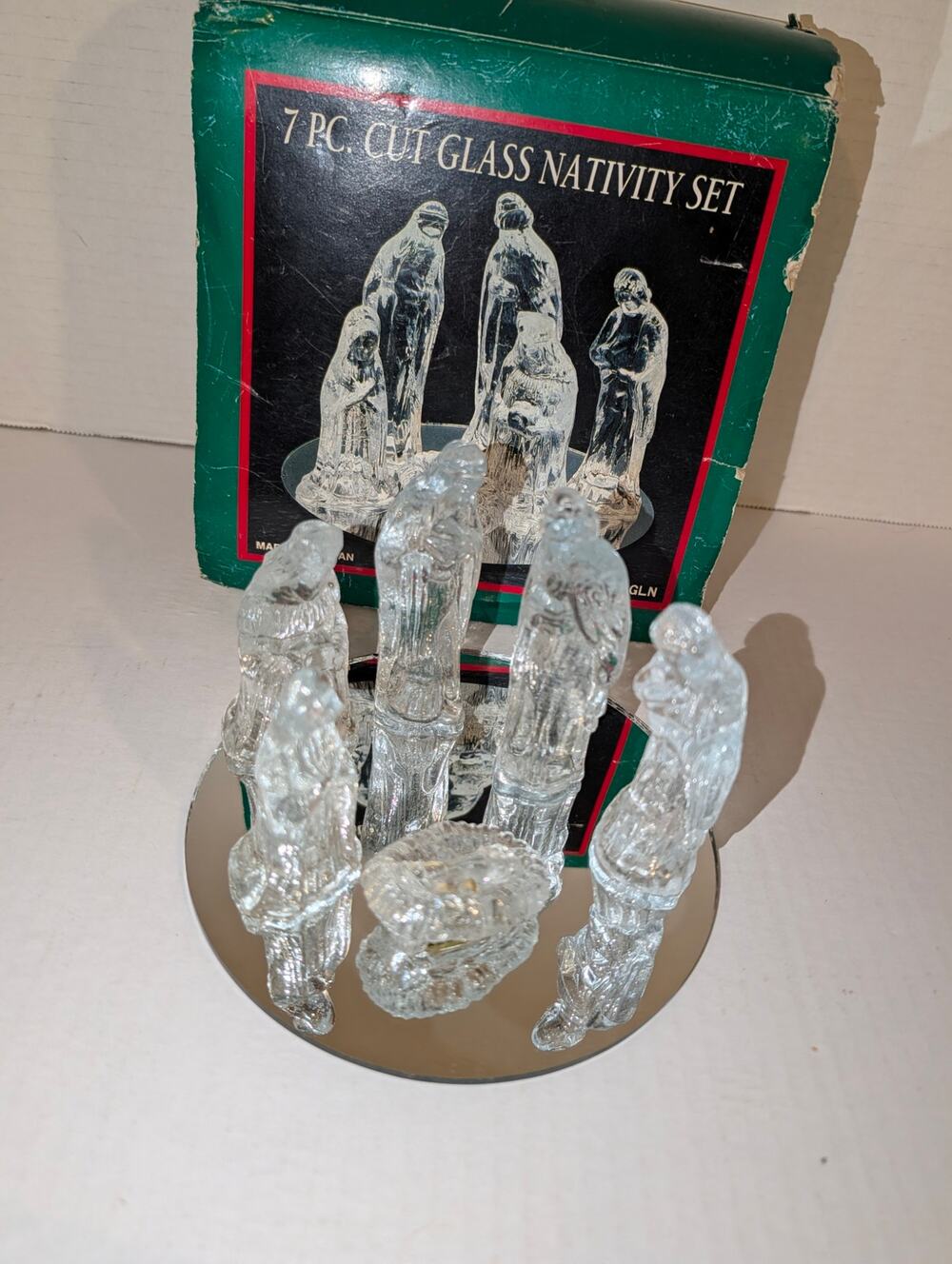 Vintage Cut Glass Christmas Nativity Set 7 Piece Mirror Taiwan box